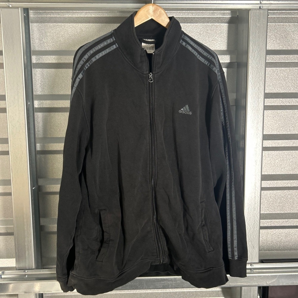 Adidas Track Jacket Mens 2XL Black Three Stripe Full Zip Fleece Streetwear